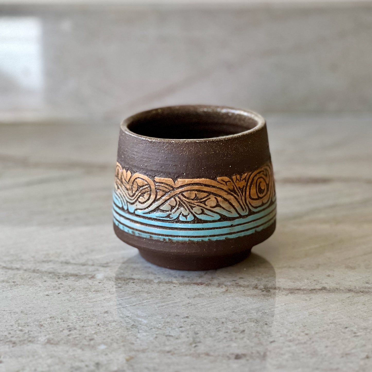 Charcoal Clay Cup, Frog Detail