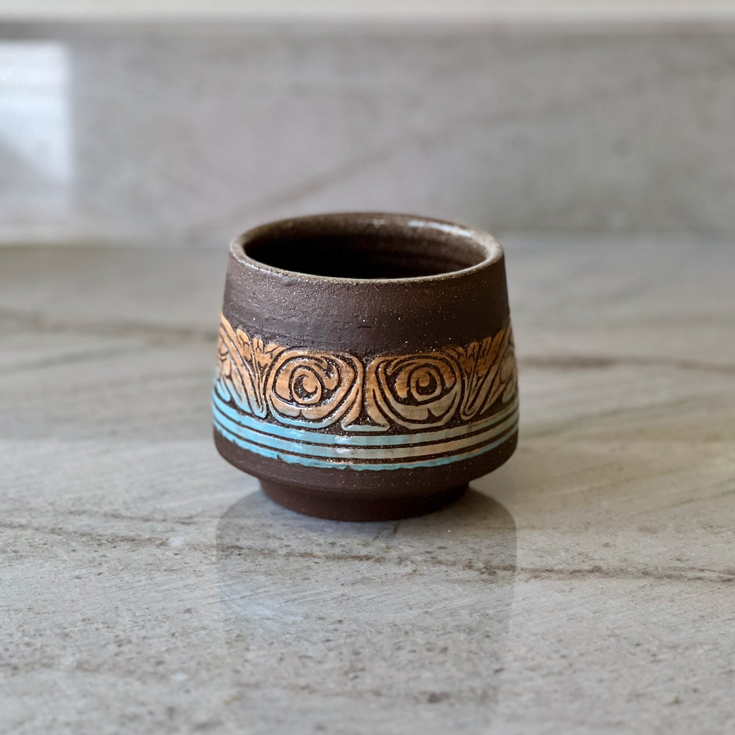 Charcoal Clay Cup, Frog Detail