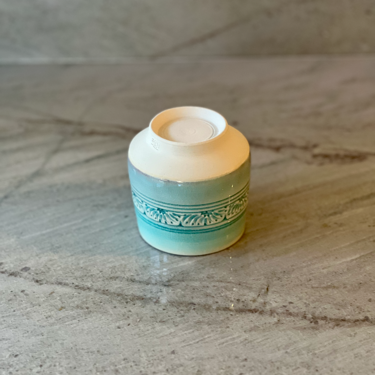 Porcelain Cup with Relief Carving, Translucent Blue Glaze