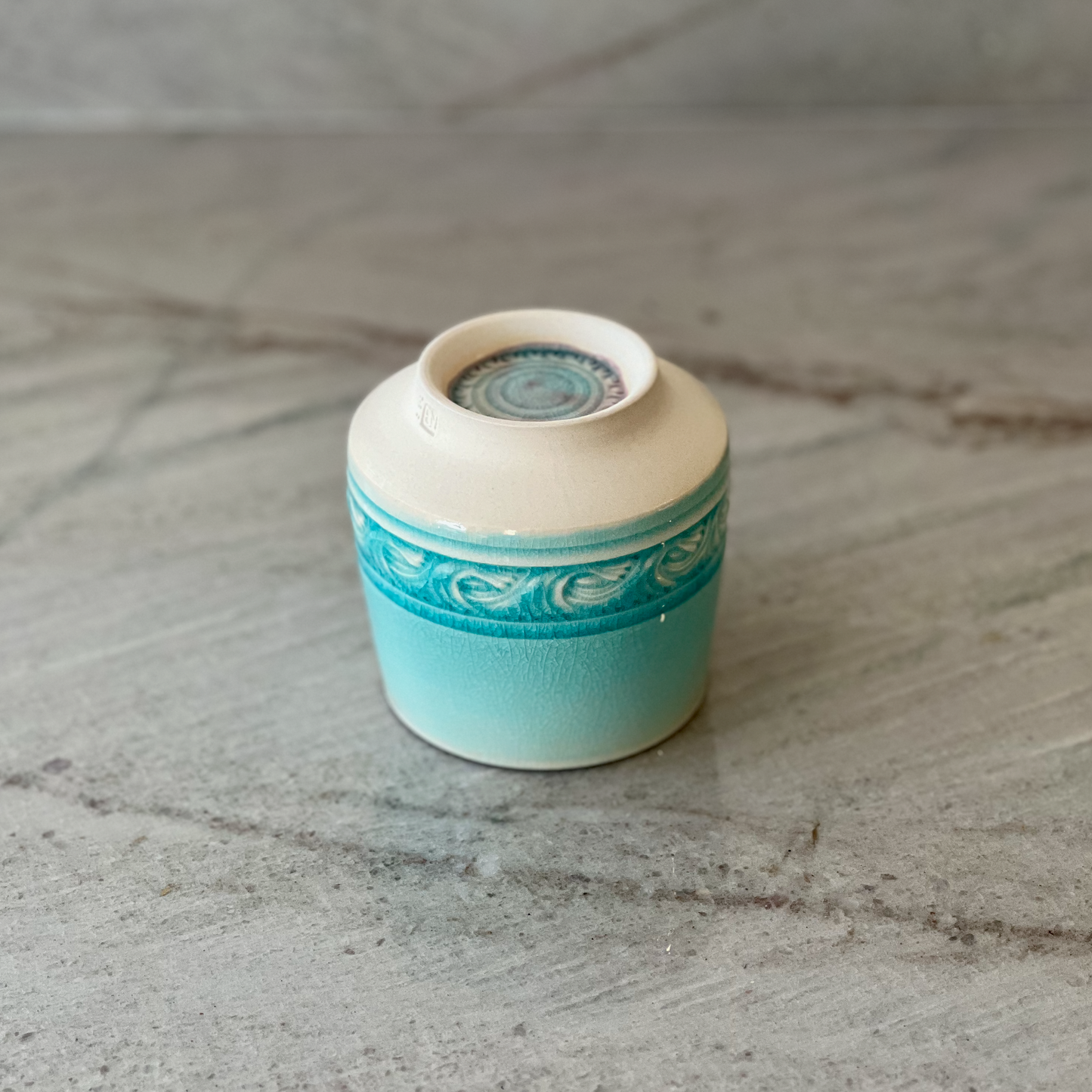 Porcelain Cup with Relief Carving, Translucent Blue Glaze