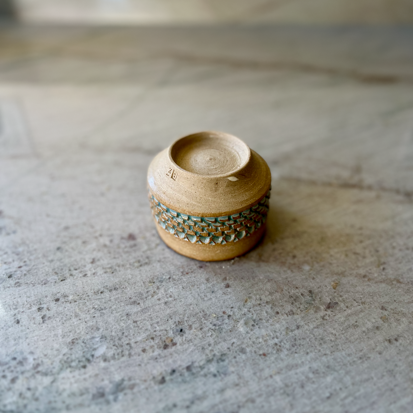 Sandy Clay Cup with Blue Green Glaze Scales