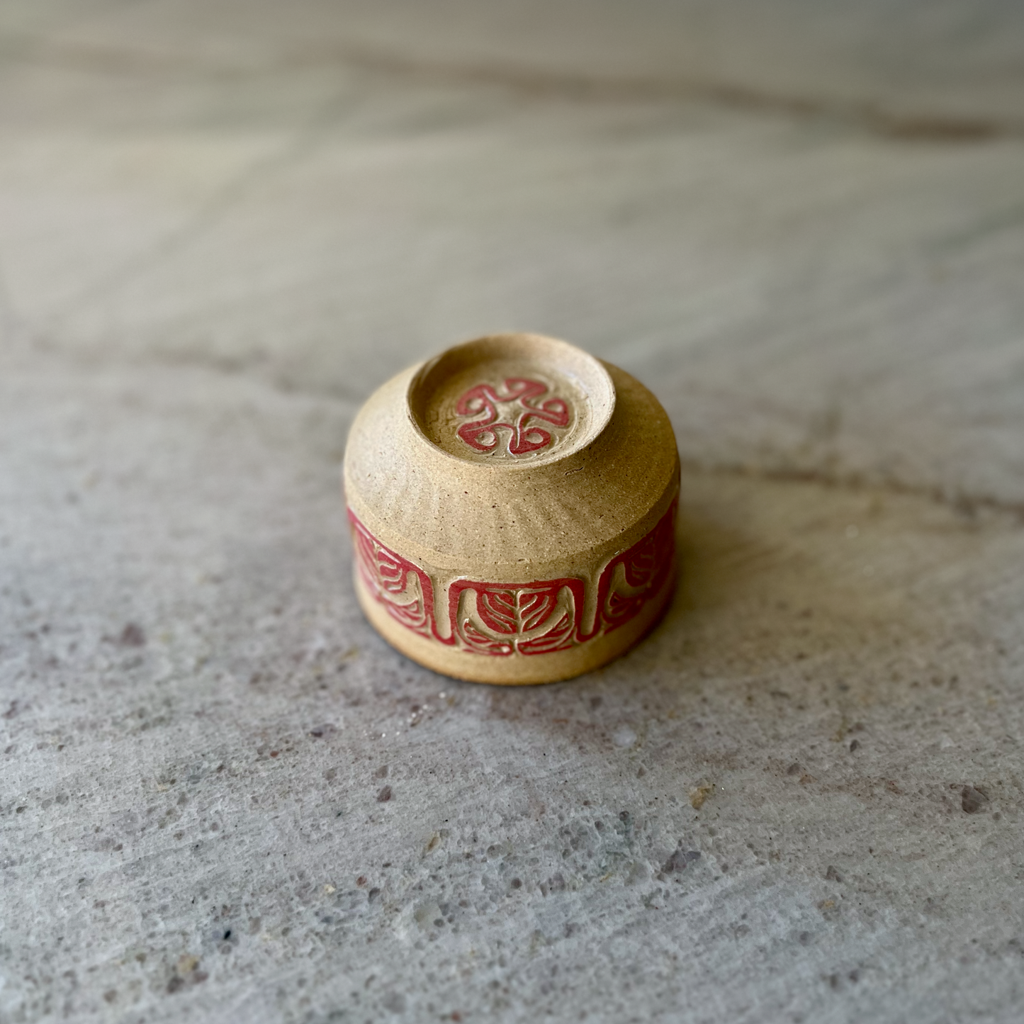 Sandy Clay Teacup with Red Carving 2
