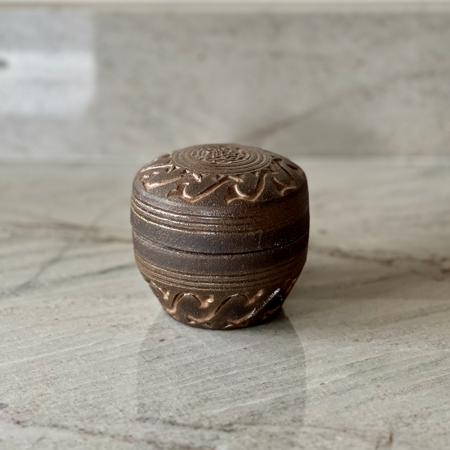 Hand Carved Black Jar, Brown Smoke Glaze and Bare Clay Finish