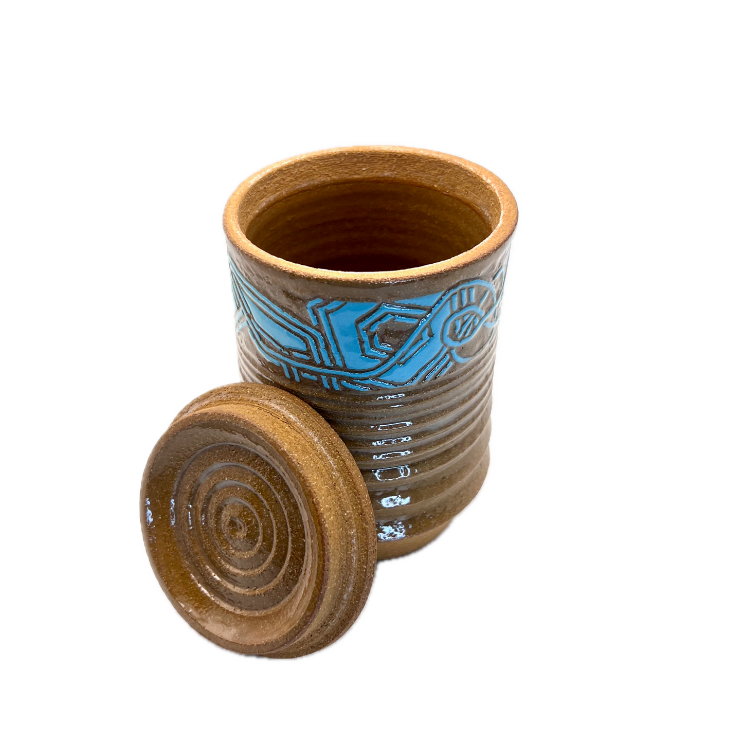 Medium Hand Carved Jar, Orange Clay and Blue Slip Finish