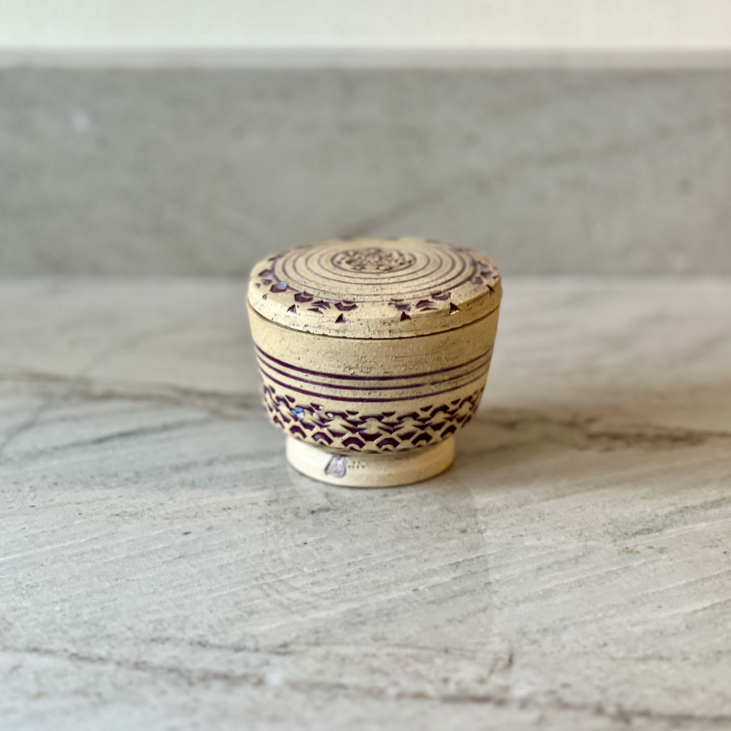 Small Hand Carved Jar, Purple Glaze and Bare Clay