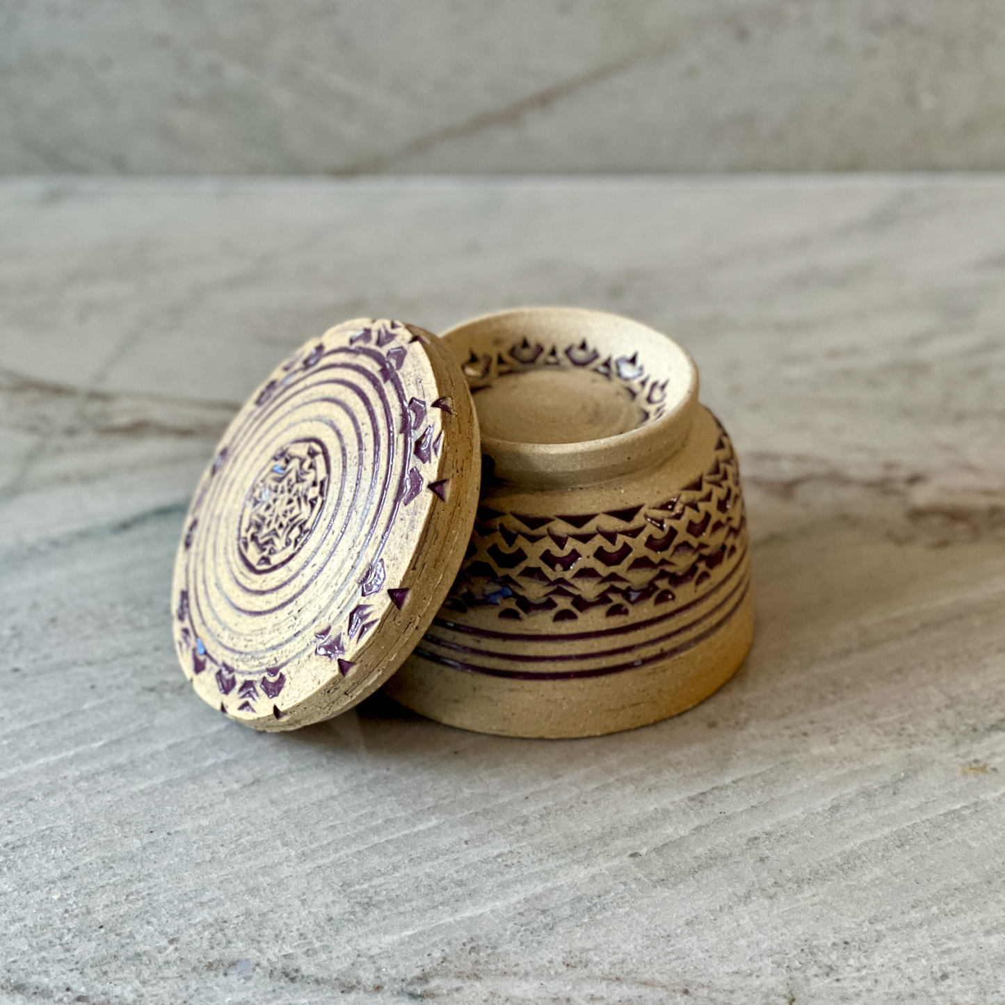 Small Hand Carved Jar, Purple Glaze and Bare Clay