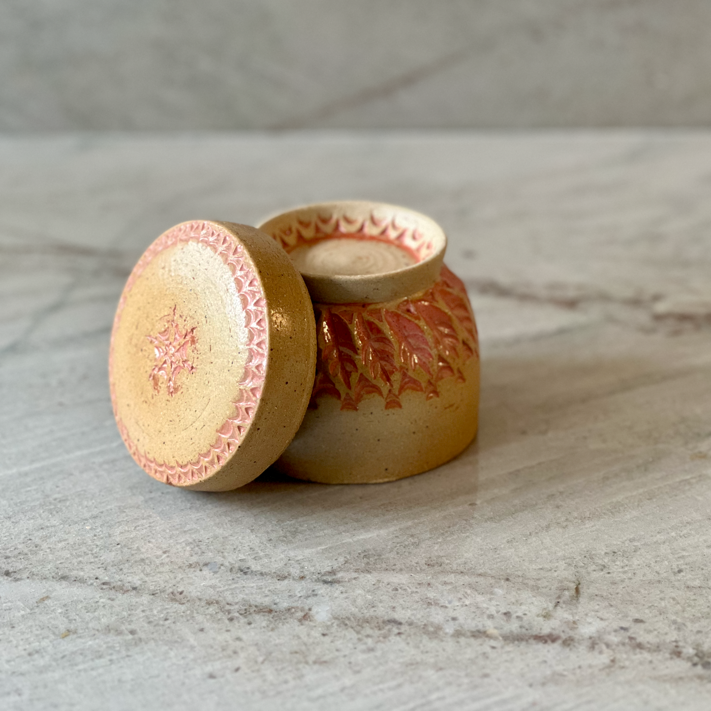 Small Hand Carved Jar, Coral Glaze and Bare Clay