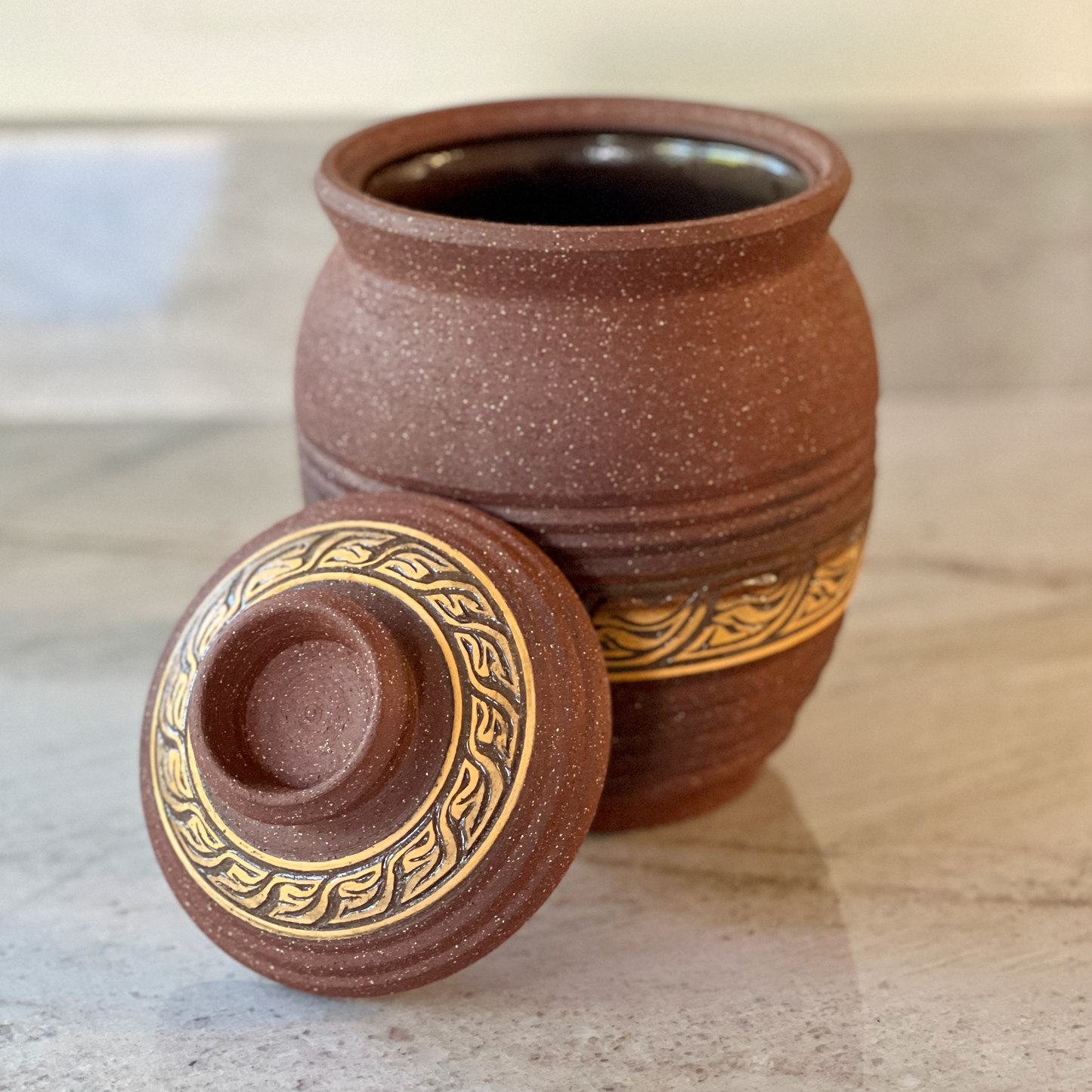 Large Dark Red Clay Jar, Burnt Orange and Maroon Slip Detail
