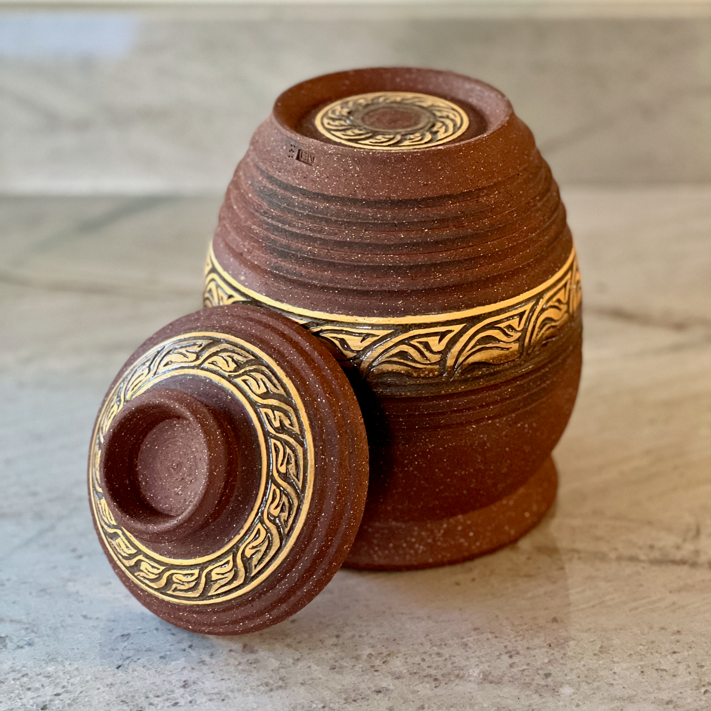 Large Dark Red Clay Jar, Burnt Orange and Maroon Slip Detail