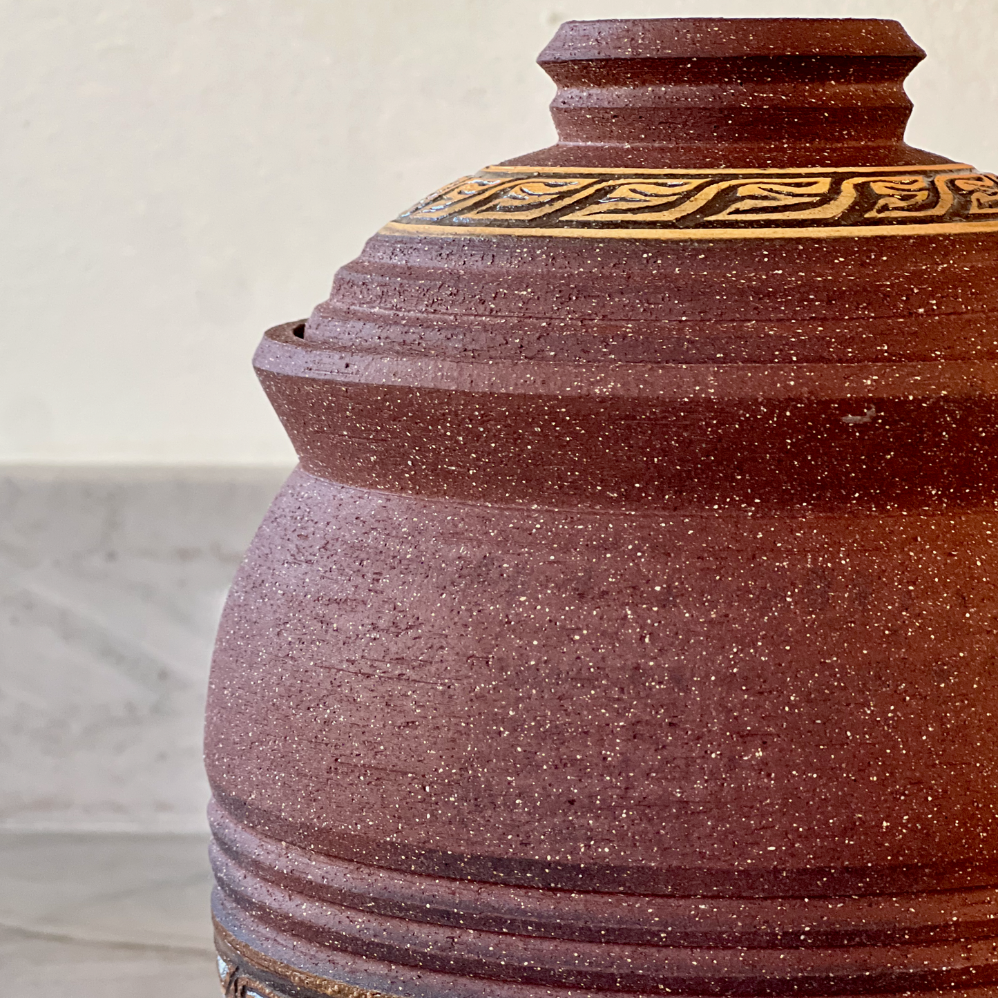 Large Dark Red Clay Jar, Burnt Orange and Maroon Slip Detail
