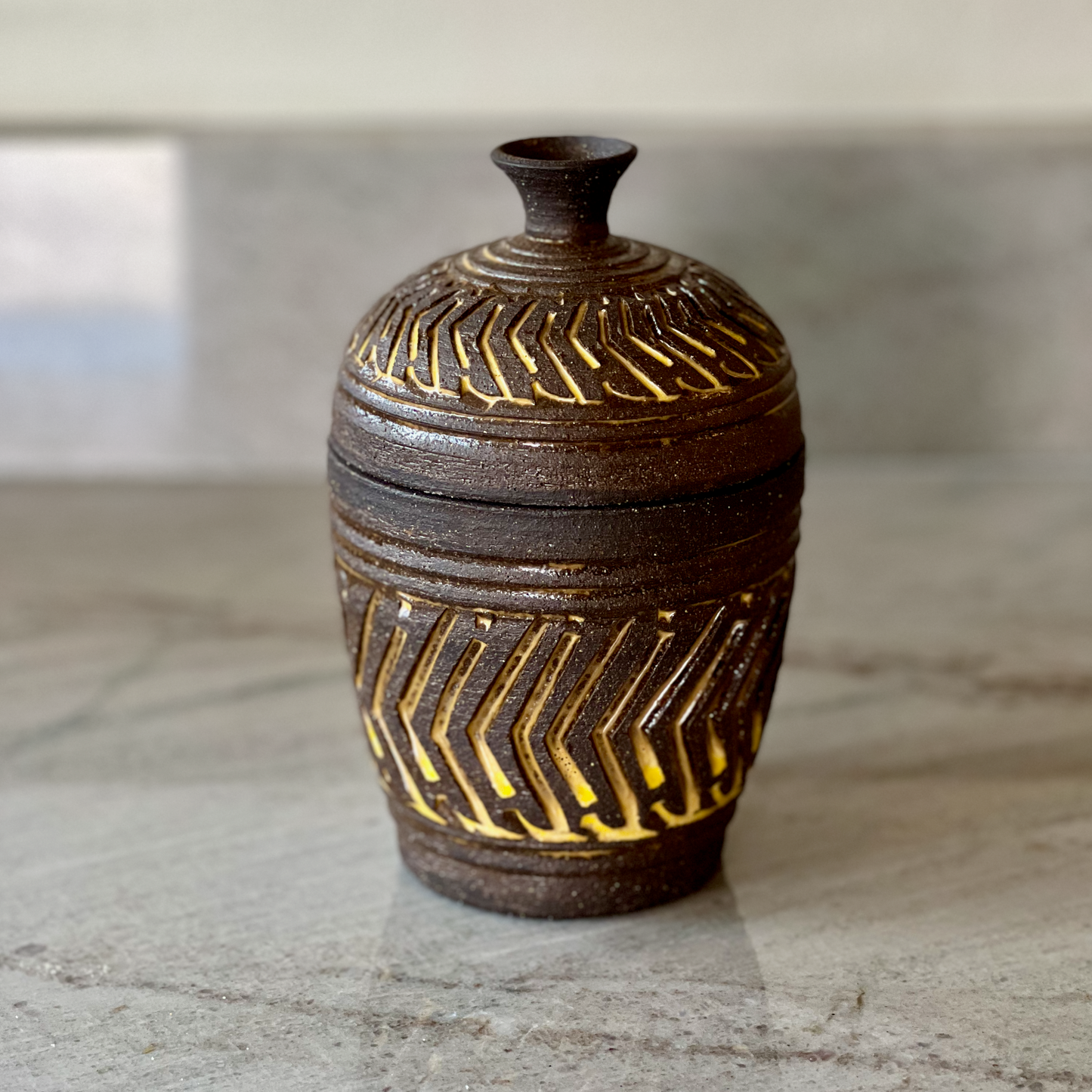 Medium Dark Clay Jar, Zig Zag Grooves with Yellow Glaze