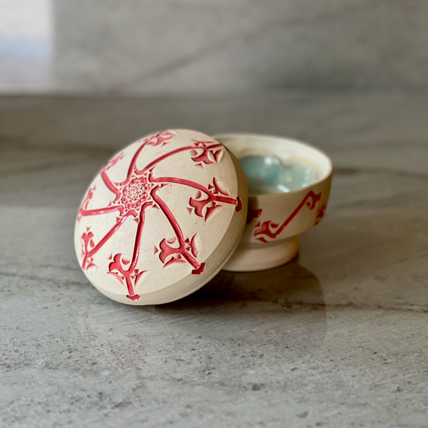 Small White Clay Jar, Detailed Coral Red Glaze Decoration