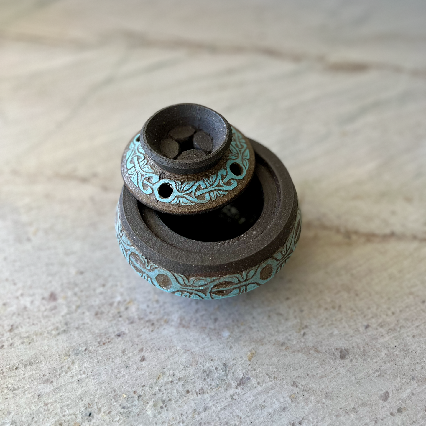 Medium Incense Jar, Charcoal and Blue Carving