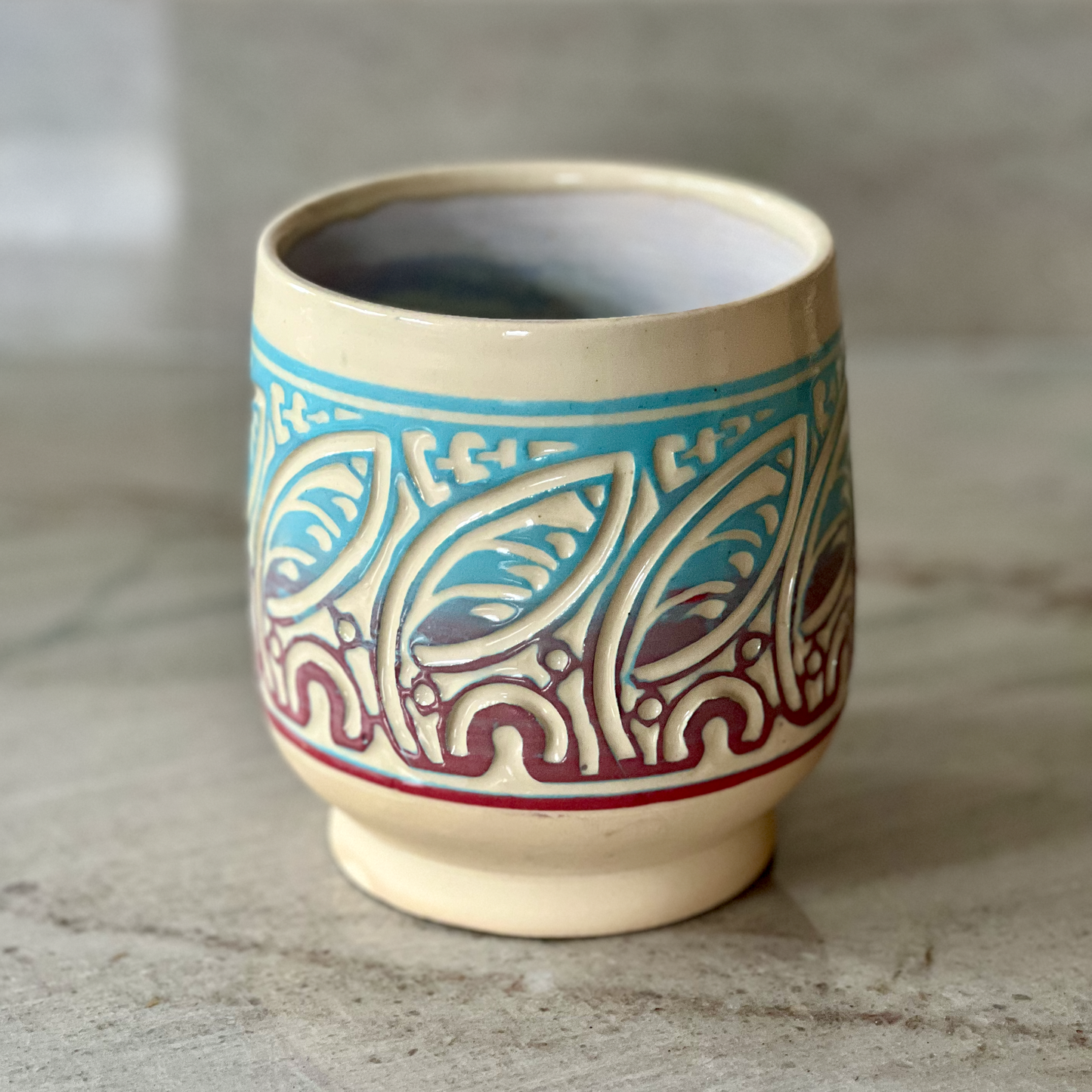 Hand Carved Bee Mix Vase, Blue and Red Slip Decoration