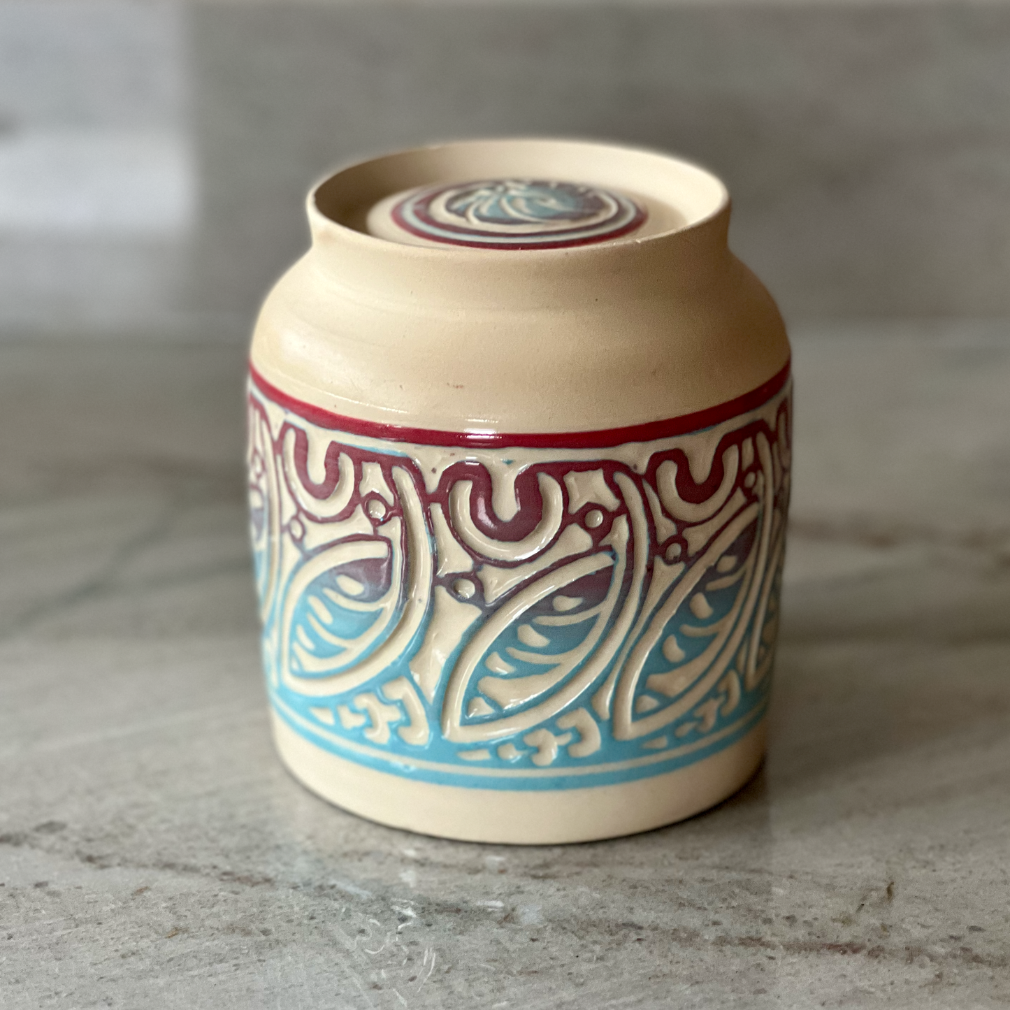 Hand Carved Bee Mix Vase, Blue and Red Slip Decoration
