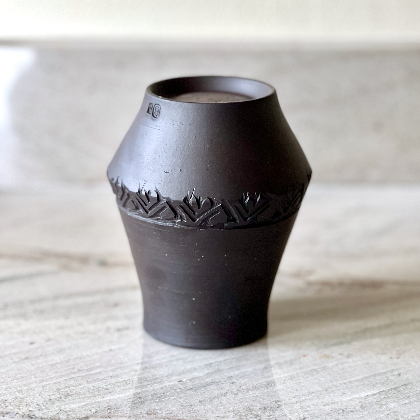 Small Black Clay Vase, Bare Clay with Basic Carving