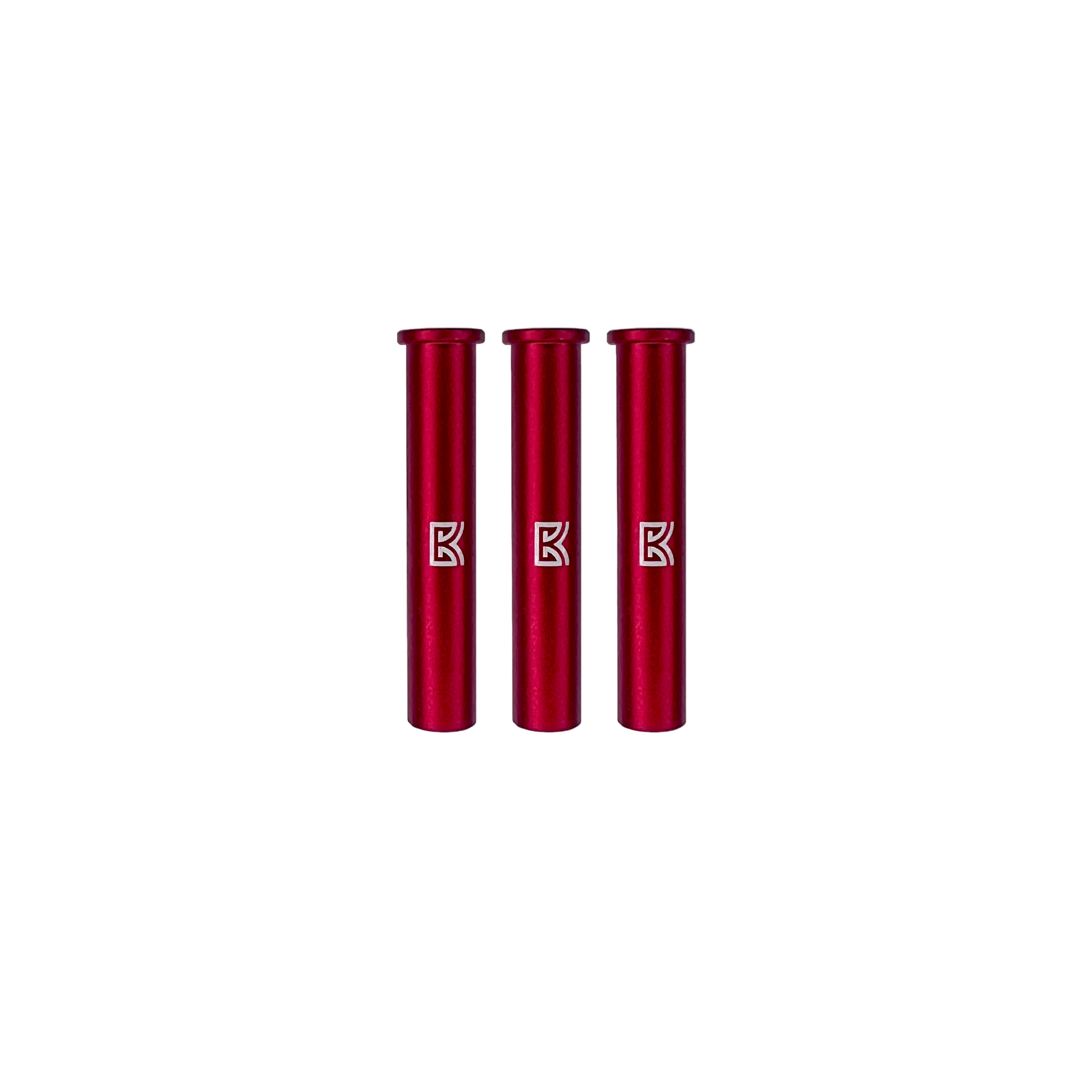Three red cylindrical objects with a logo on a white background