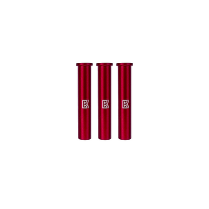 Three red cylindrical objects with a logo on a white background