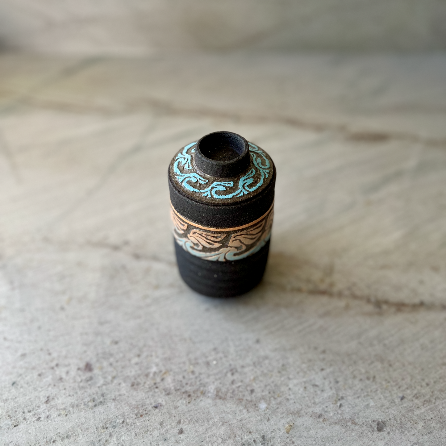 Small Tall Stash Jar, Charcoal Clay and Colored Carvings