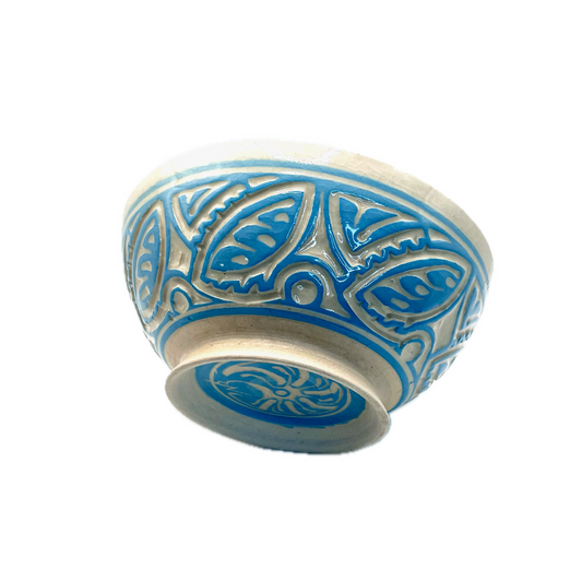 Hand Carved White Clay Bowl, Light Blue Slip Detail
