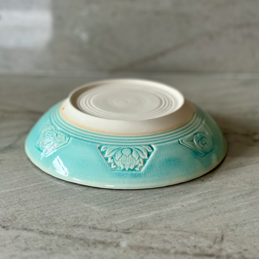 Shallow Bowl With Intricate Detail Carvings, Translucent Blue Glaze
