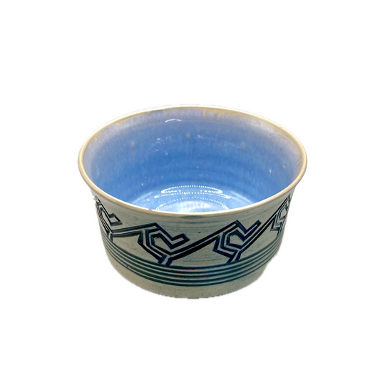 Medium Bowl With Geometric Carvings, Blue Glaze and Bare Clay