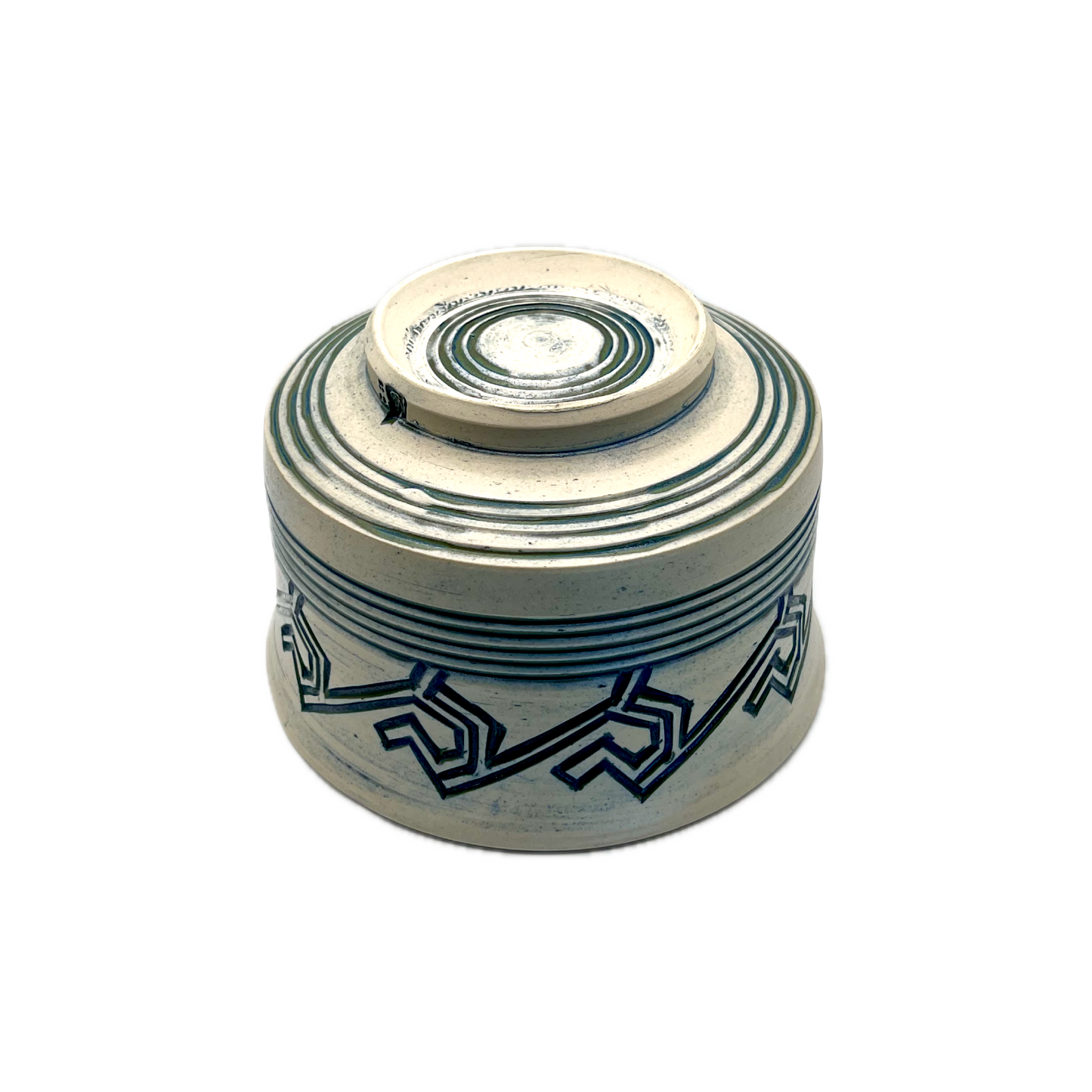 Medium Bowl With Geometric Carvings, Blue Glaze and Bare Clay