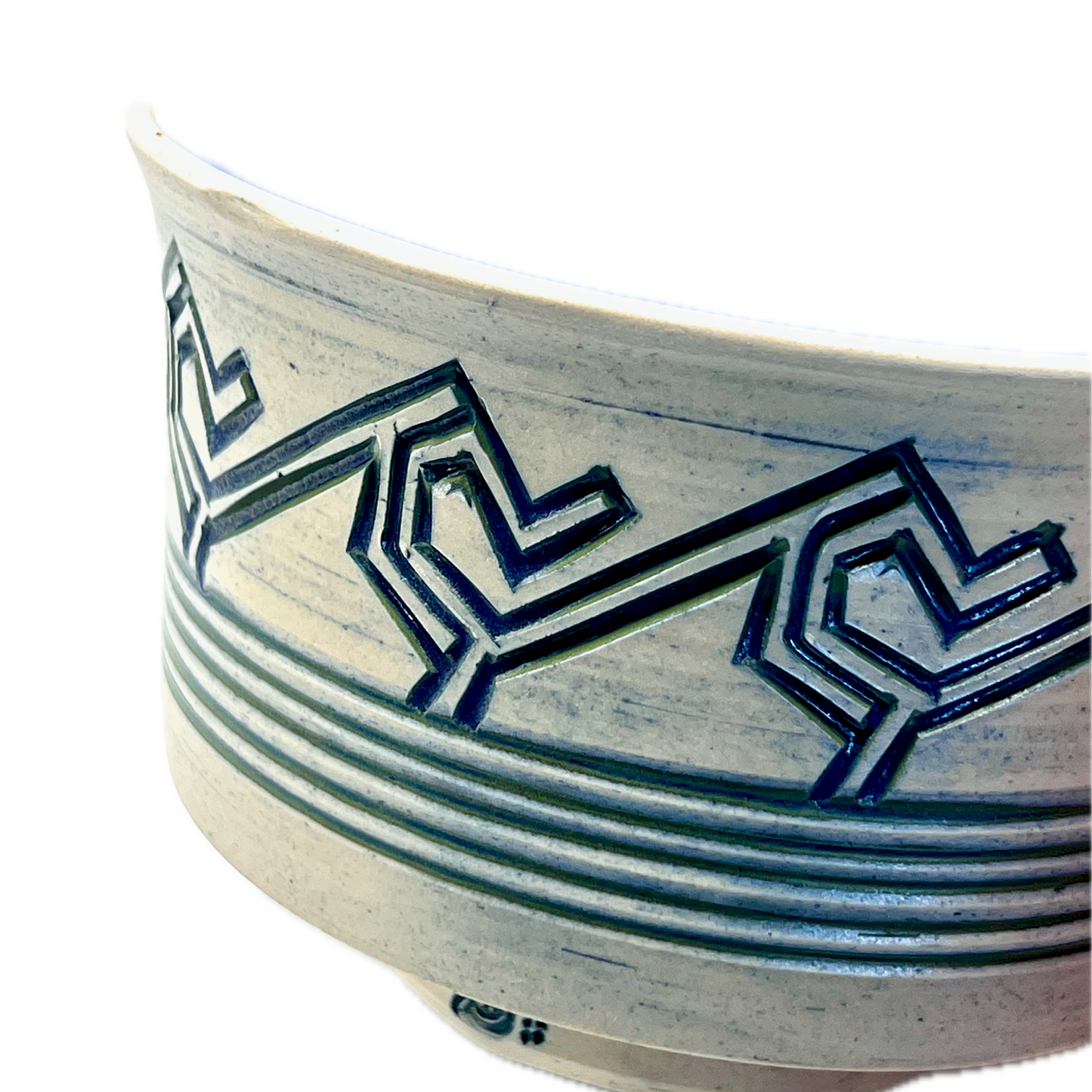 Medium Bowl With Geometric Carvings, Blue Glaze and Bare Clay