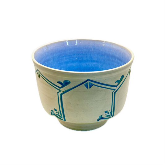 Hand Carved Medium White Clay Bowl, Blue Glaze and Bare Clay