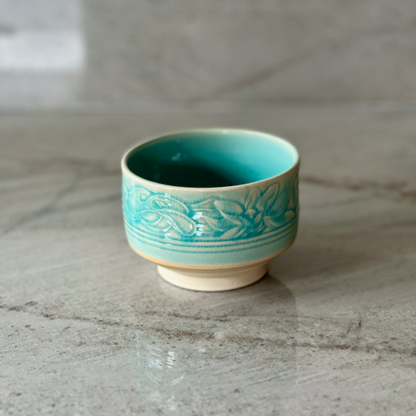Small Hand Carved Bowl, Translucent Blue Glaze