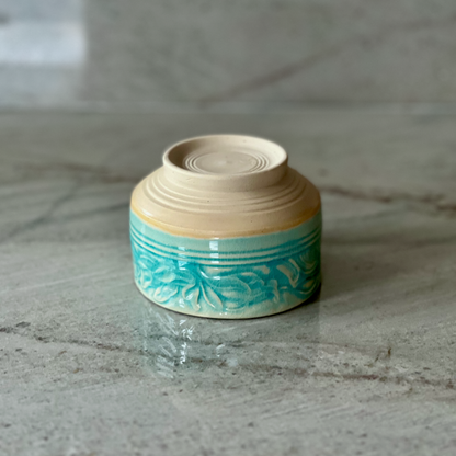 Small Hand Carved Bowl, Translucent Blue Glaze