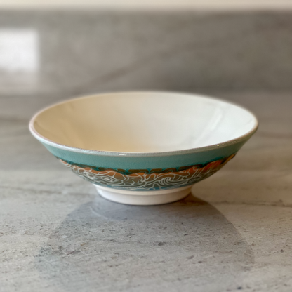 Porcelain Bowl with Wave and Fish Carving