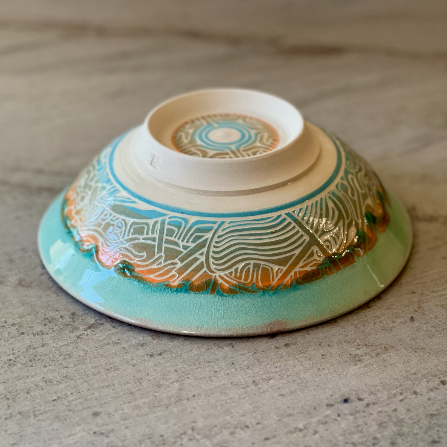 Porcelain Bowl with Wave and Fish Carving