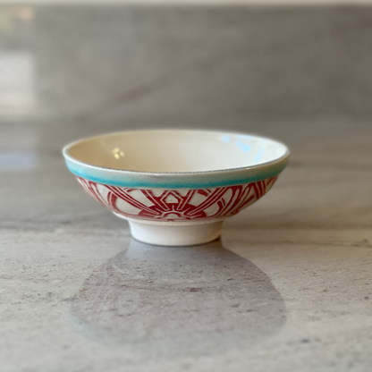 Porcelain Bowl with Geometric Red Slip Carving