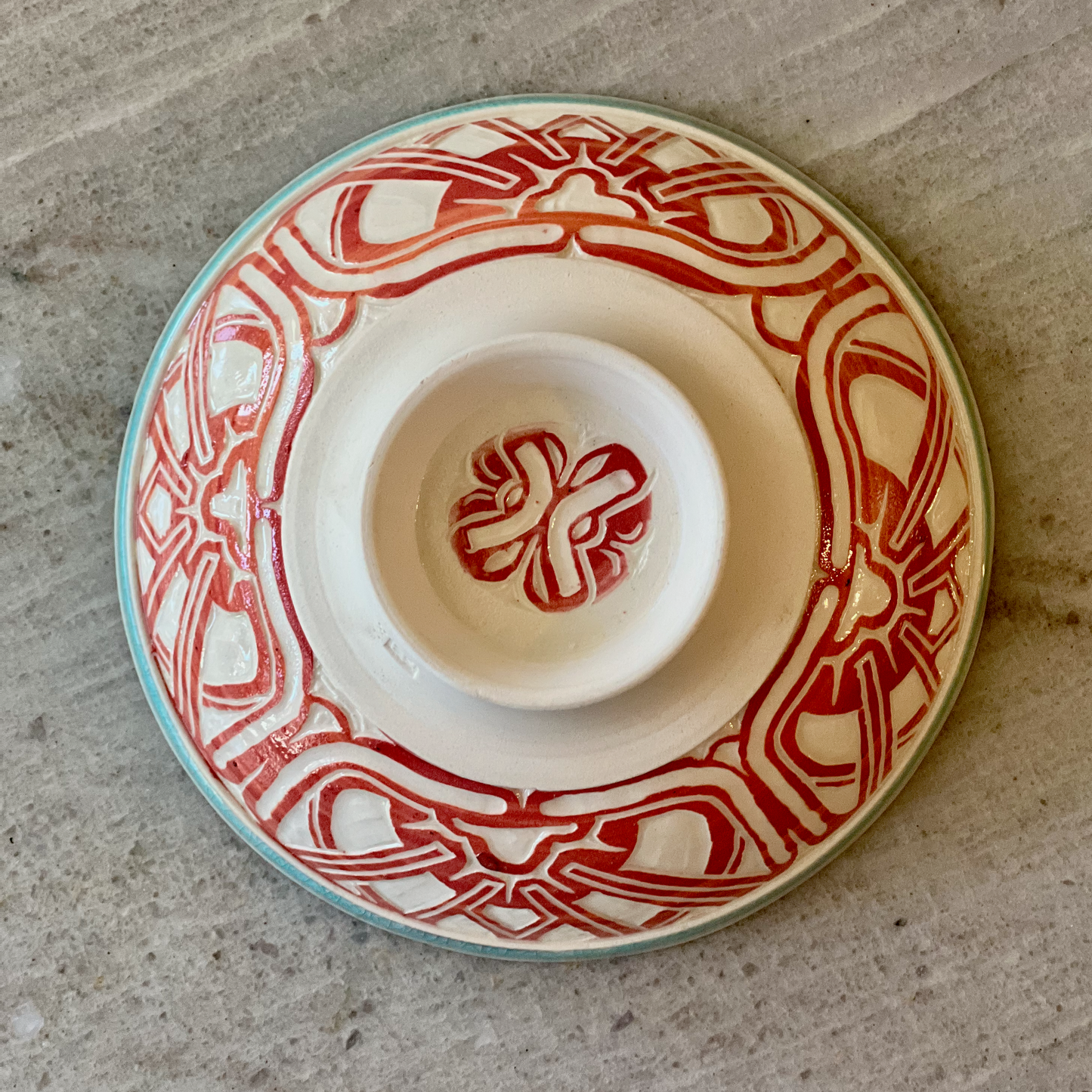 Porcelain Bowl with Geometric Red Slip Carving