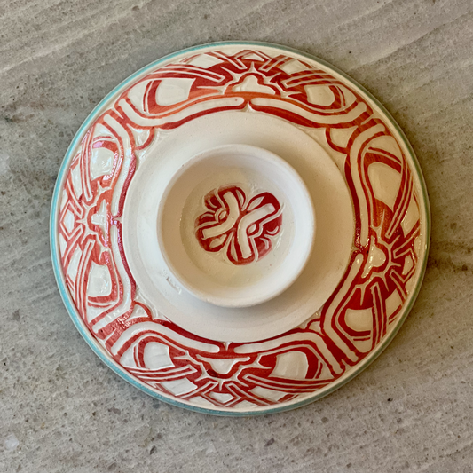 Porcelain Bowl with Geometric Red Slip Carving