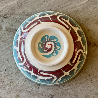 Porcelain Bowl with Floral Red and Blue Slip Carving