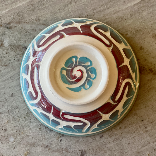Porcelain Bowl with Floral Red and Blue Slip Carving