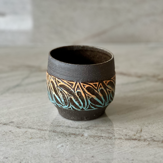 Hand Carved Black Clay Cup – Colored Slip Detail