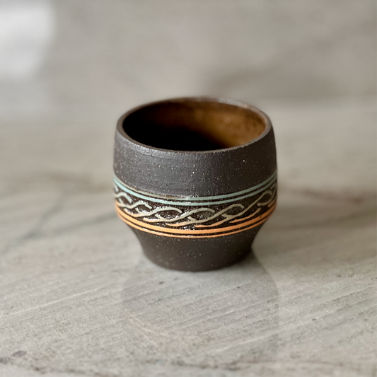 Hand Carved Black Clay Cup, Colored Slip Detail
