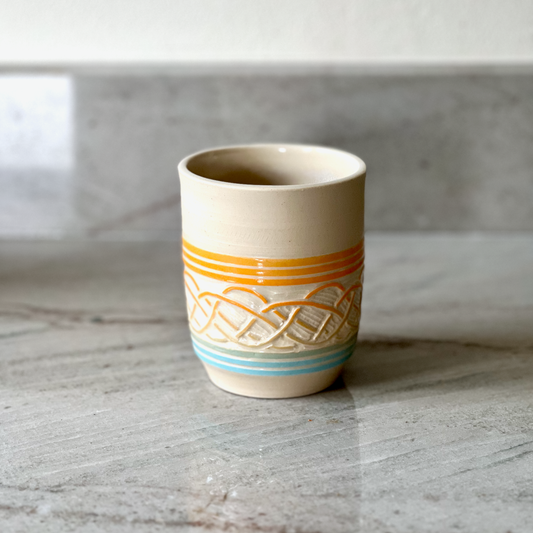 Hand Carved White Clay Cup, Colored Slip Detail