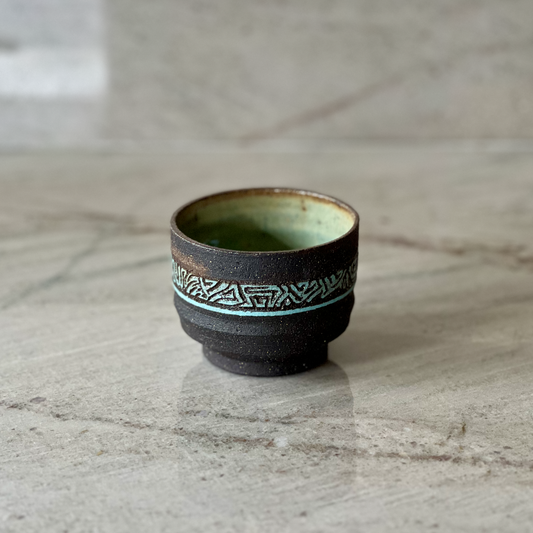 Hand Carved Black Clay Cup, Blue Slip Detail