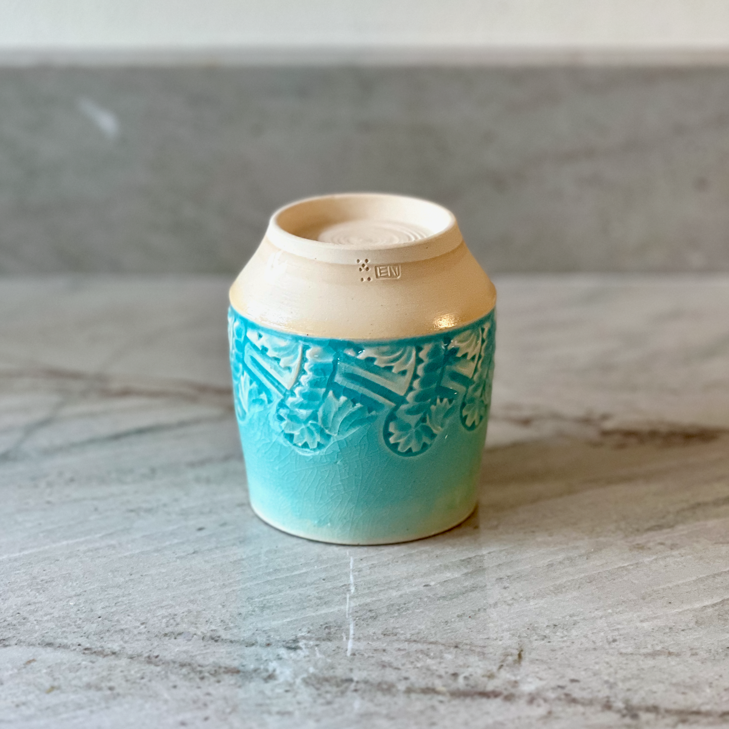 Floral Relief Carved Cup, Translucent Blue Glaze