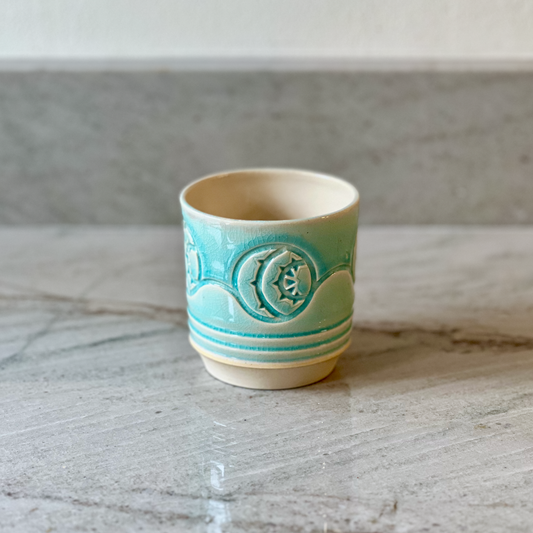 Small Hand Carved Cup, Translucent Blue Glaze