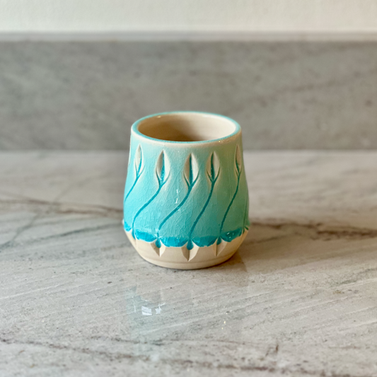 Small Hand Carved Cup, Translucent Blue Glaze