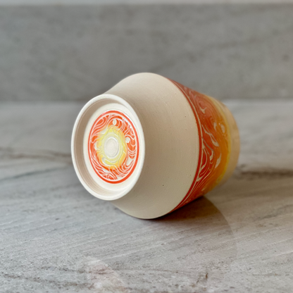 Medium Hand Carved Cup, Bright and Warm Slip Detail