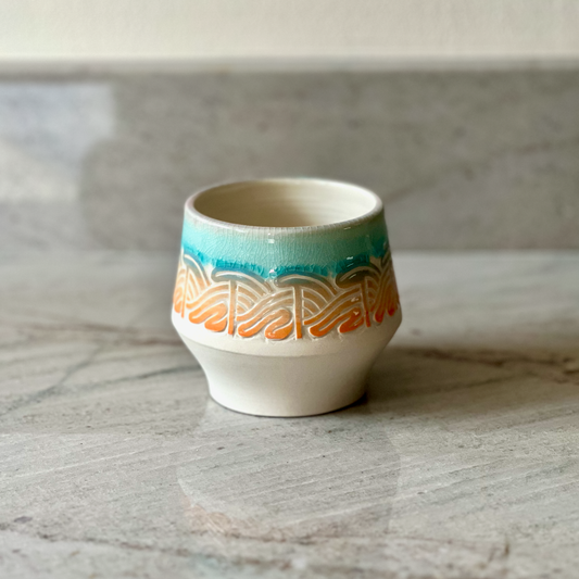 Medium Porcelain Cup, Color Slip and Blue Glaze