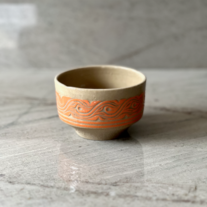 Small Sand Colored Clay Cup, Orange Slip Carving