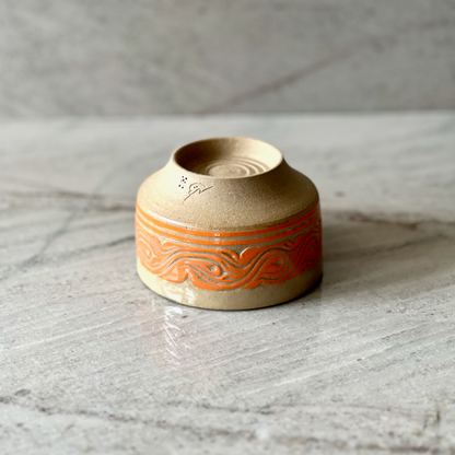 Small Sand Colored Clay Cup, Orange Slip Carving