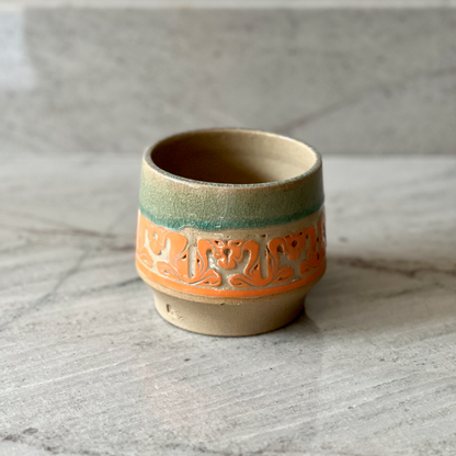 Medium Sand Colored Clay Cup, Orange Slip and Blue Glaze